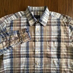 St. Croix Men Button Down Shirt Large Tan Blue Plaid Cotton Italy Pocket EUC!